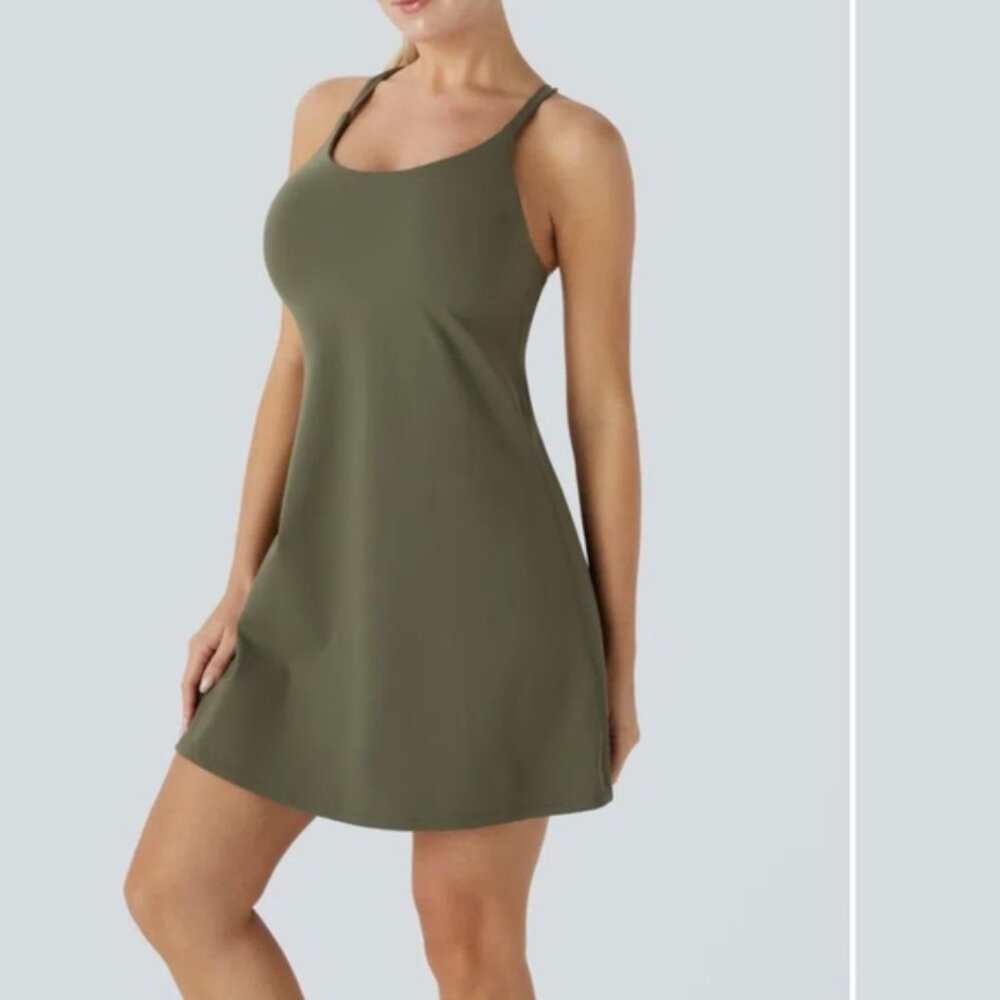 Softlyzero  Plush Backless 2 in 1 Pocket Mini Active Dress Olive NWT HALARA